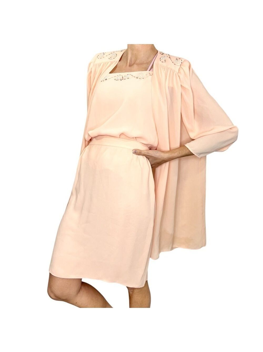 Vintage 80s union made beaded peach chiffon open jacket cami skirt set suit 16 - Picture 3 of 17